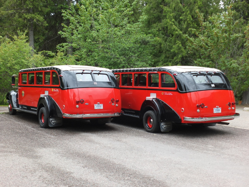 Historic tourist cars at Lake McDonald Lodge