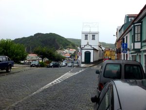 in the town of Horta with Monte Queimado in the background