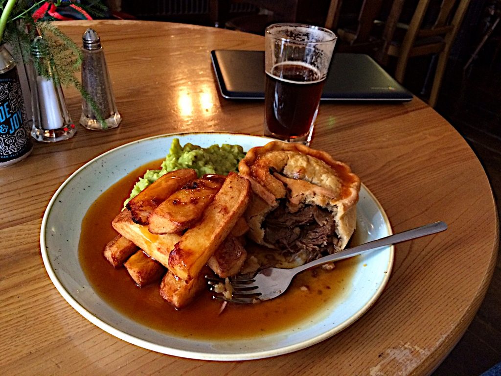 Hearty lunch - meat pie, smashed peas, and chips at the Broadfield Ale House